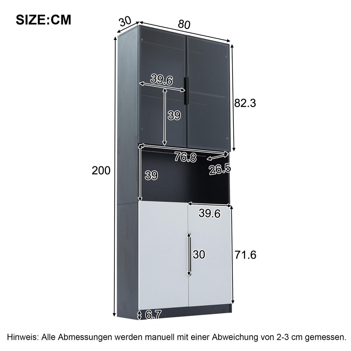 VITRINE aus Spanplatte 160x30x200 cm Weiß/Schwarz mit LED-Beleuchtung, Glastüren und Stauraum - Weiß, Holzwerkstoff (30/200/160cm) - IVMEU