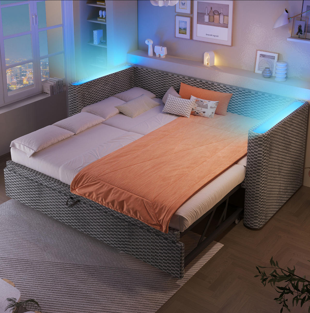 AUSZIEHBETT 90/200 cm Grau aus Samt mit LED-Beleuchtung klappbar zum Doppelbett 180/200 cm - Grau, Textil (90/200cm) - OKWISH
