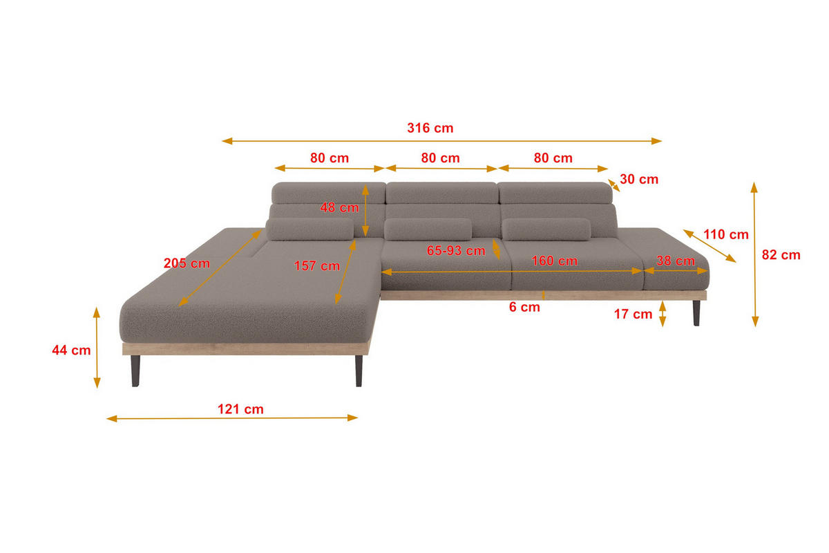 ELEKTRISCHES ECKSOFA Links MONA 316x205x85 Braun Bouclé - Dunkelbraun/Braun, Holzwerkstoff/Textil (316/205cm) - ALTDECOR
