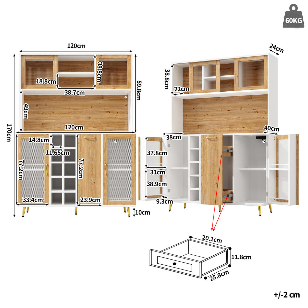 BUFFET 120/40/170 cm in Weiß-Holzoptik mit LED-Beleuchtung und Steckdose - Weiß, Holzwerkstoff (120/170/40cm) - Flora Grace