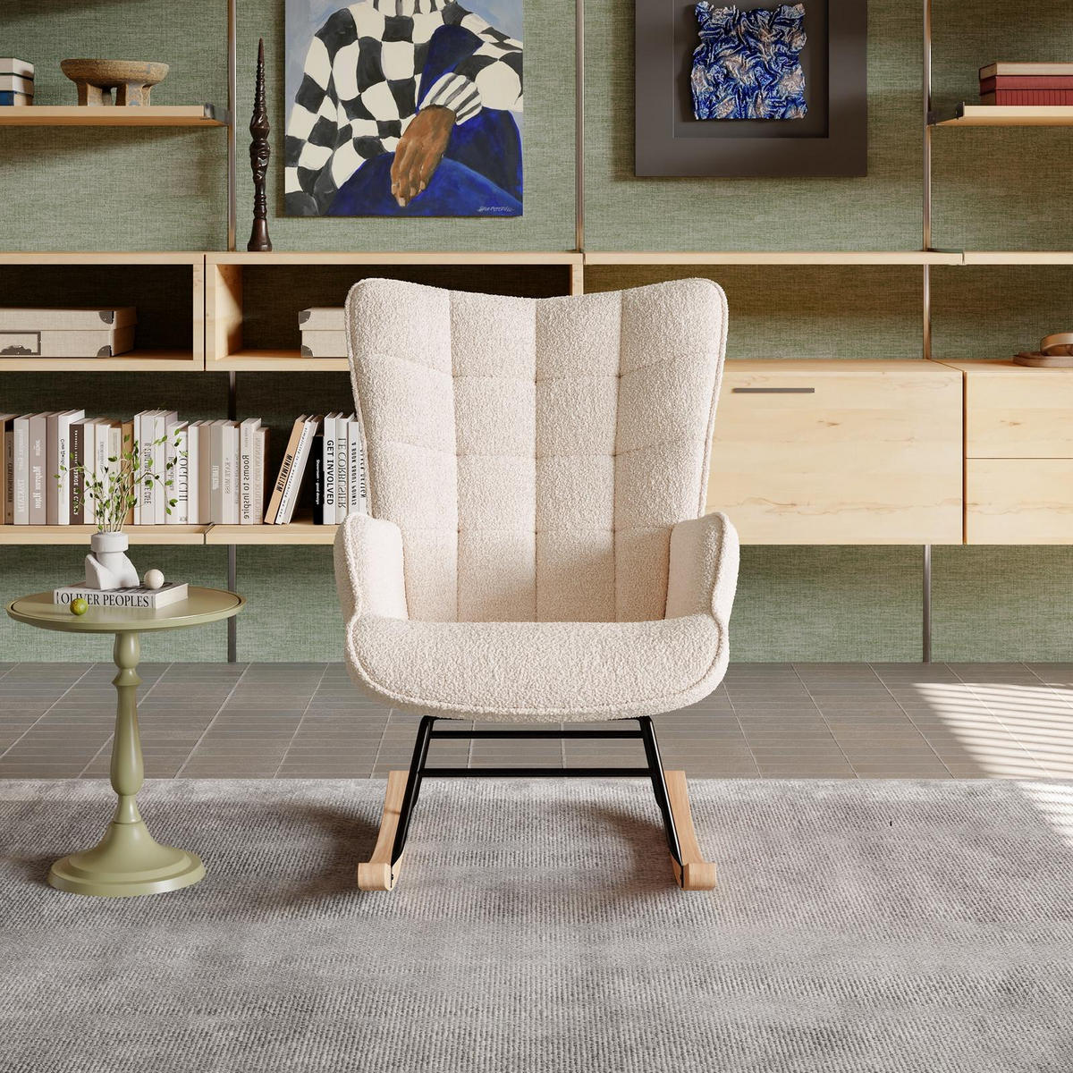SCHAUKELSTUHL Teddy Comfort mit quadratisch gesteppter Rückenlehne, Teddy-Fleece Beige - Beige, Textil (68/92/75cm) - DELFA