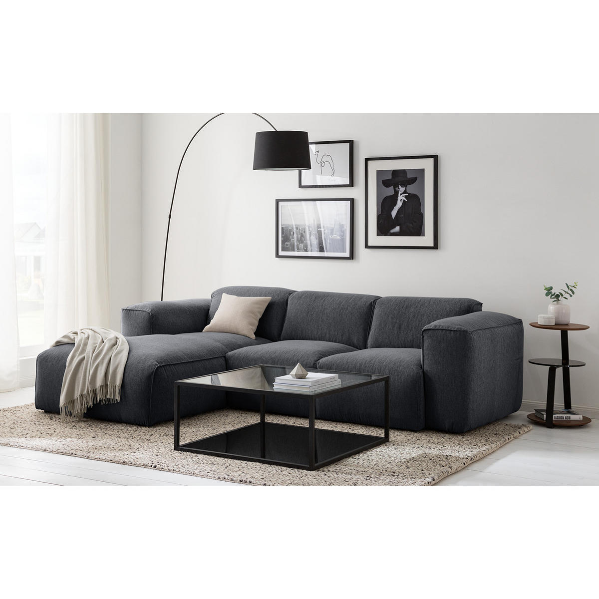 3-SITZER ECKSOFA mit Longchair - Schwarz/Grau, Textil (251/173cm) - home24