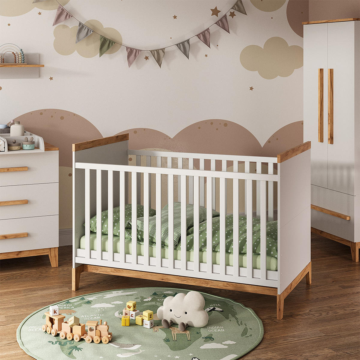 BABYBETT Malia Weiß/Artisan 70x140 cm - Hellgrau/Weiß, Holzwerkstoff - VitaliSpa