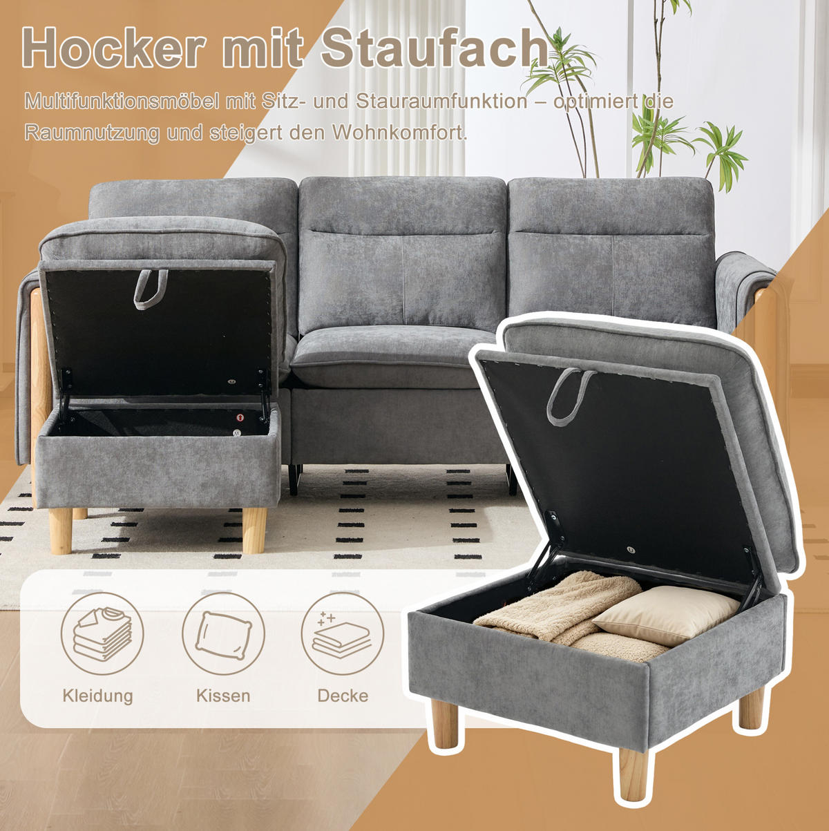 SOFA 201/77/86 cm in Hellgrau mit Hocker, Stauraum und Seitentaschen - Hellgrau, Textil (77/86/201cm) - Flora Grace