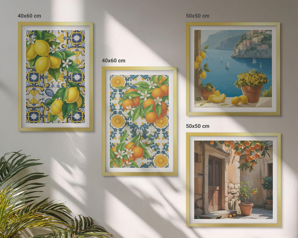 WANDBILDER 4er Set - 50x50 cm & 40x60 cm Goldrahmen - Zitronen, Blumen, Orangen, Italien - Goldfarben, Kunststoff (50/50cm) - ArtPrintCave
