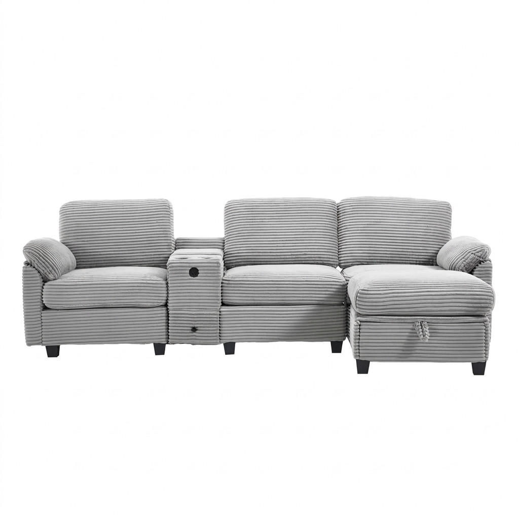 ECKSOFA 266/136/82 cm Hellgrau mit Abnehmbare Mittelkonsole, 1 Schublade, Seitentasche und beweglicher Stau-Ottoman - Hellgrau, Textil (266/136cm) - Oxeza