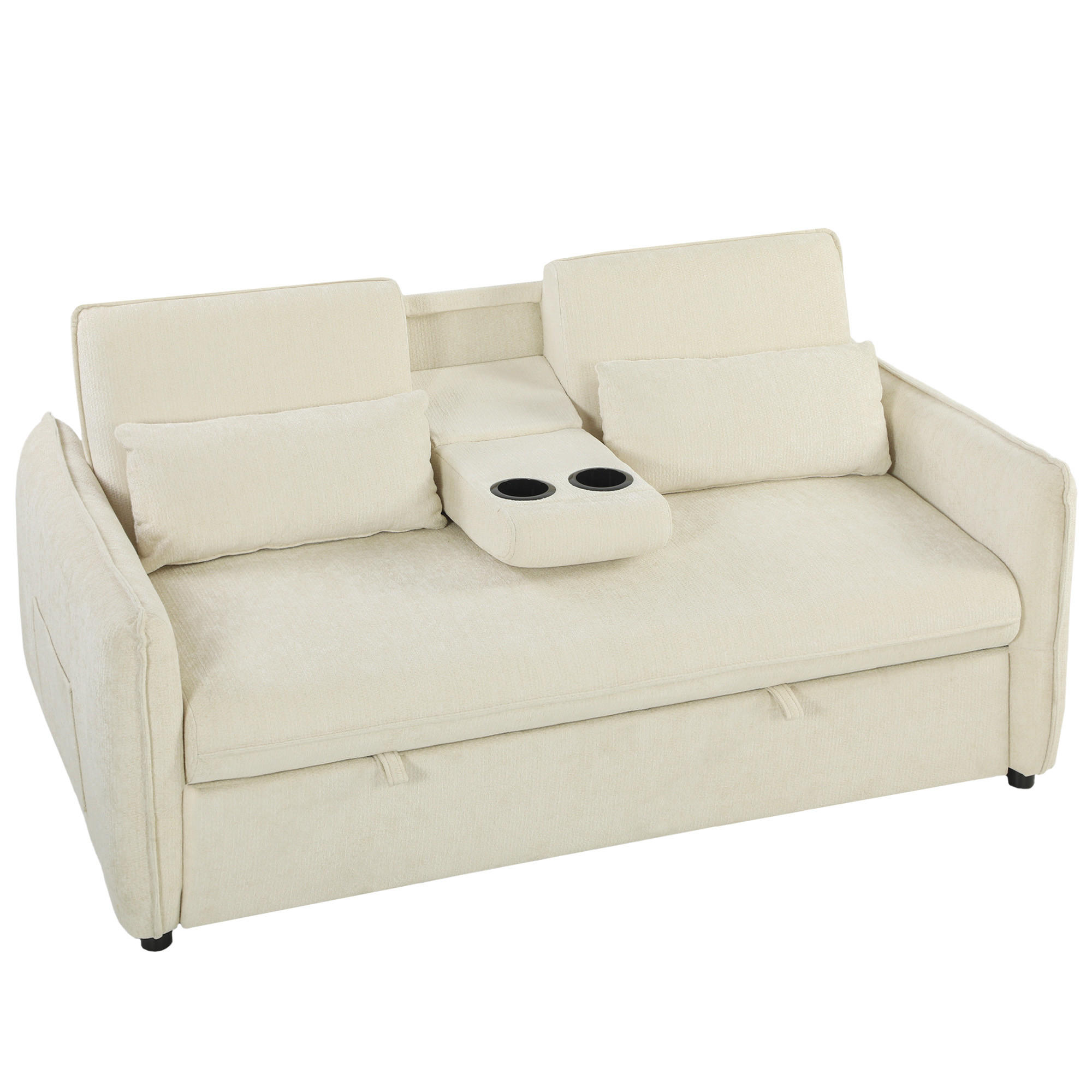 SCHLAFSOFA Chenille Beige - Beige/Schwarz, Holz/Kunststoff (90/84/166cm) - HOMCOM
