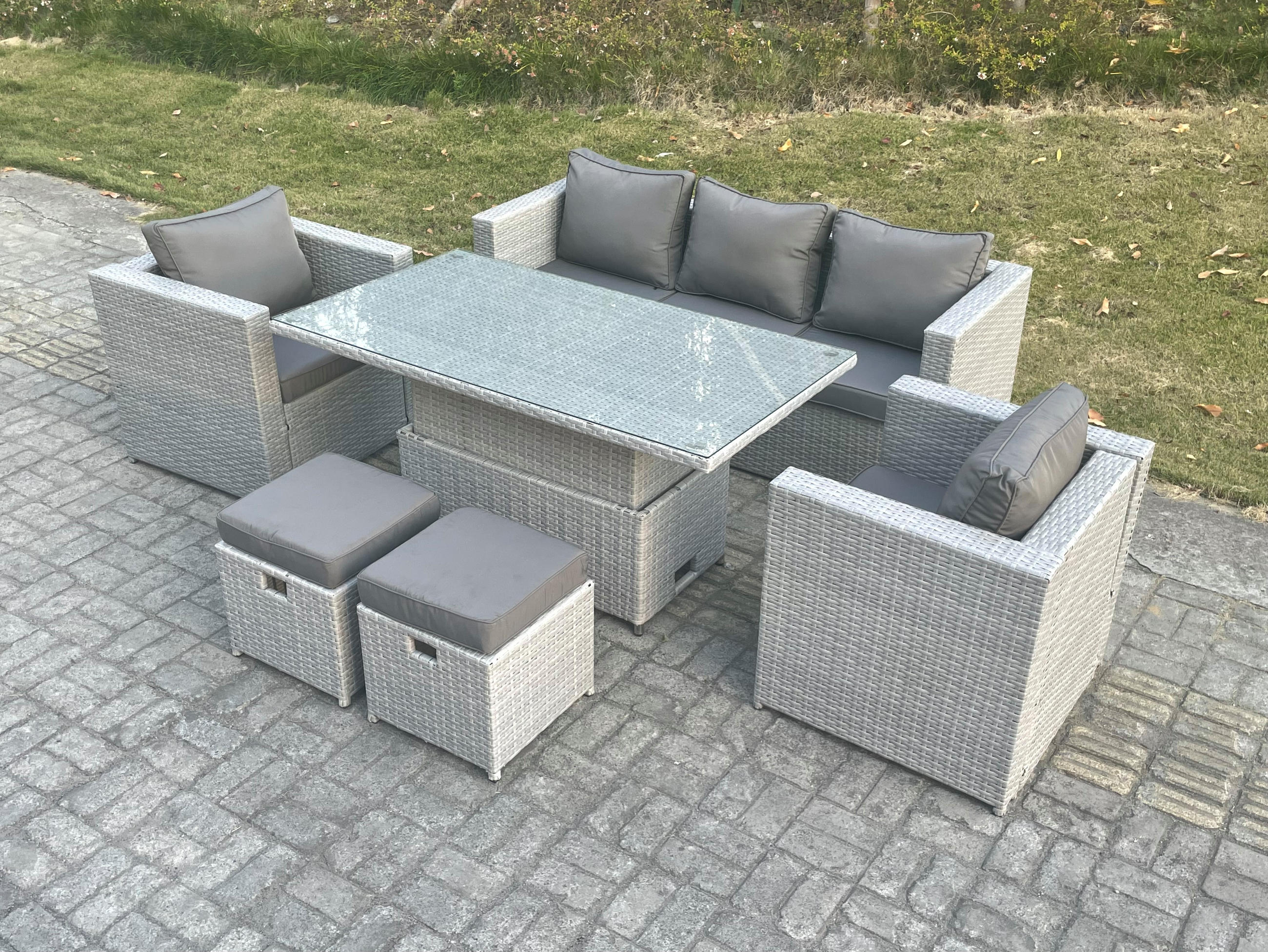 GARTENMÖBEL SET mit höhenverstellbarer Tisch Polyrattan Helles Grau 7-Sitzer - Hellgrau, Metall - Fimous