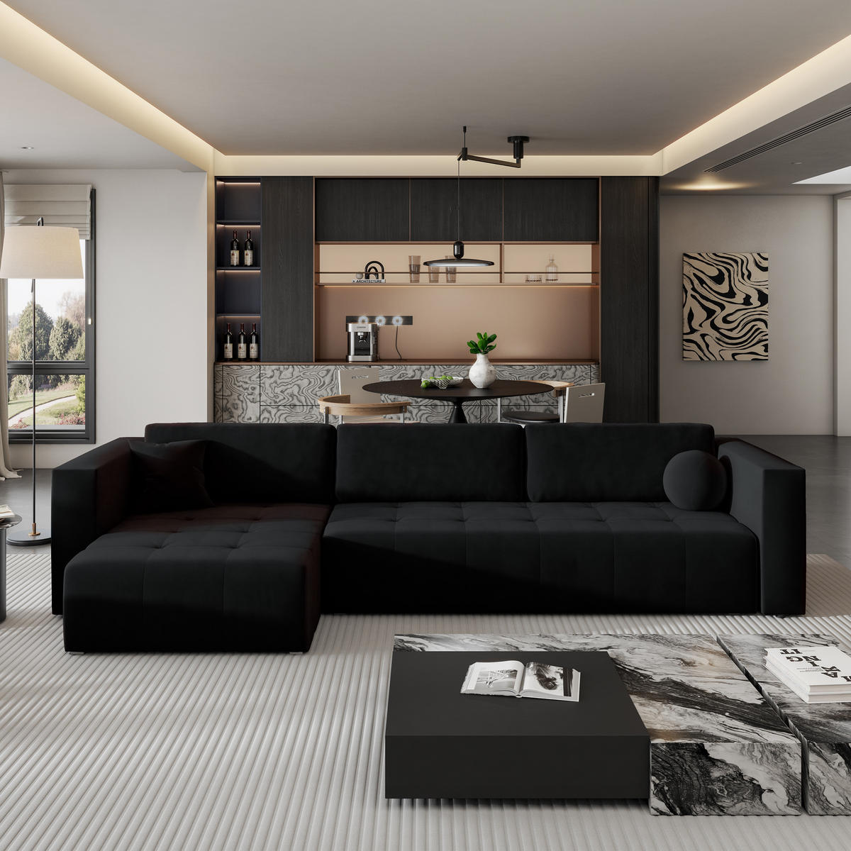 ECKSOFA OLVERA Schwarz Plüsch-Stoff mit Schlaffunktion - Schwarz, Holz (347/148cm) - MASSENO