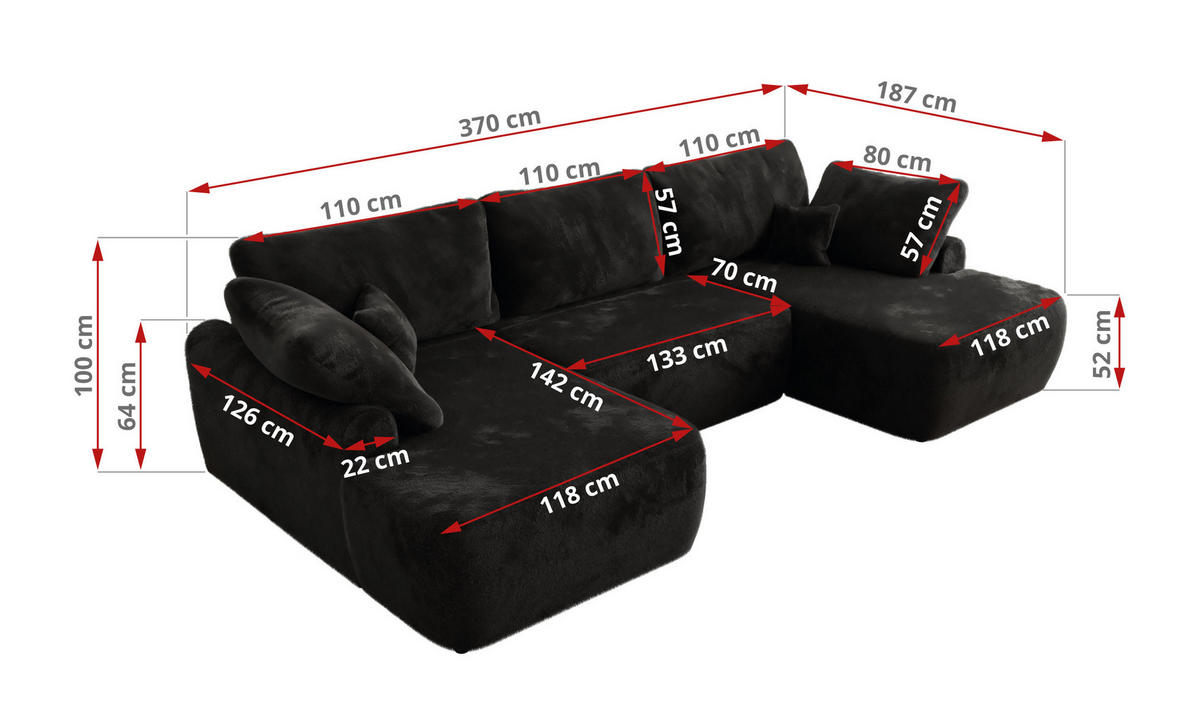 WOHNLANDSCHAFT CUBO U Schwarz Plüsch - Schwarz, Kunststoff/Textil (370/100/187cm) - MKS