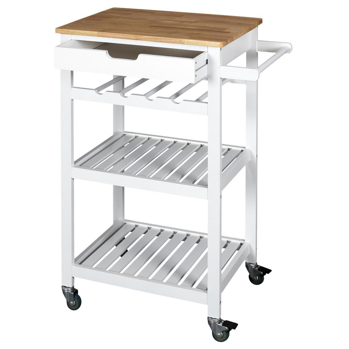 SERVIERWAGEN mit Rollen 3 Etagen und 1 Schublade weiß und Holz 61/84,5/40 cm - Weiß, Holzwerkstoff (61/84.5/21cm) - Calicosy