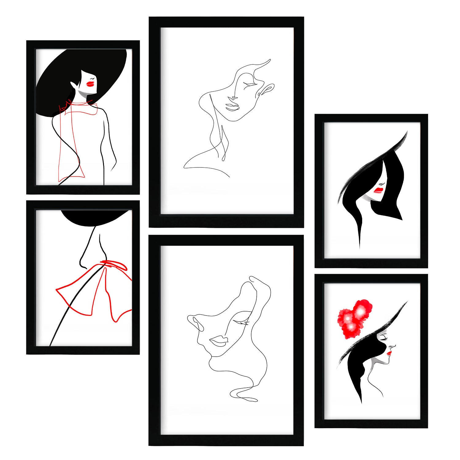 POSTER Set Mit 6 Serence Beauty 1 In Weibliche Zusammenfassung A3 & A4 Schwarzer Rahmen - Schwarz, Papier (29/3cm) - Nacnic