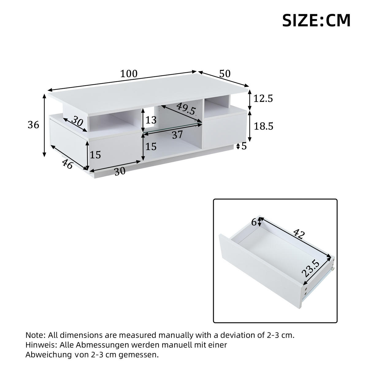 COUCHTISCH in Weiß Kaffeetisch mit 2 Schubladen, LED & Glas, offener Stauraum, Hochglanz Sofatisch, B100/T50/H36cm - Weiß, Holzwerkstoff/Metall (50/100/36cm) - STILVORA