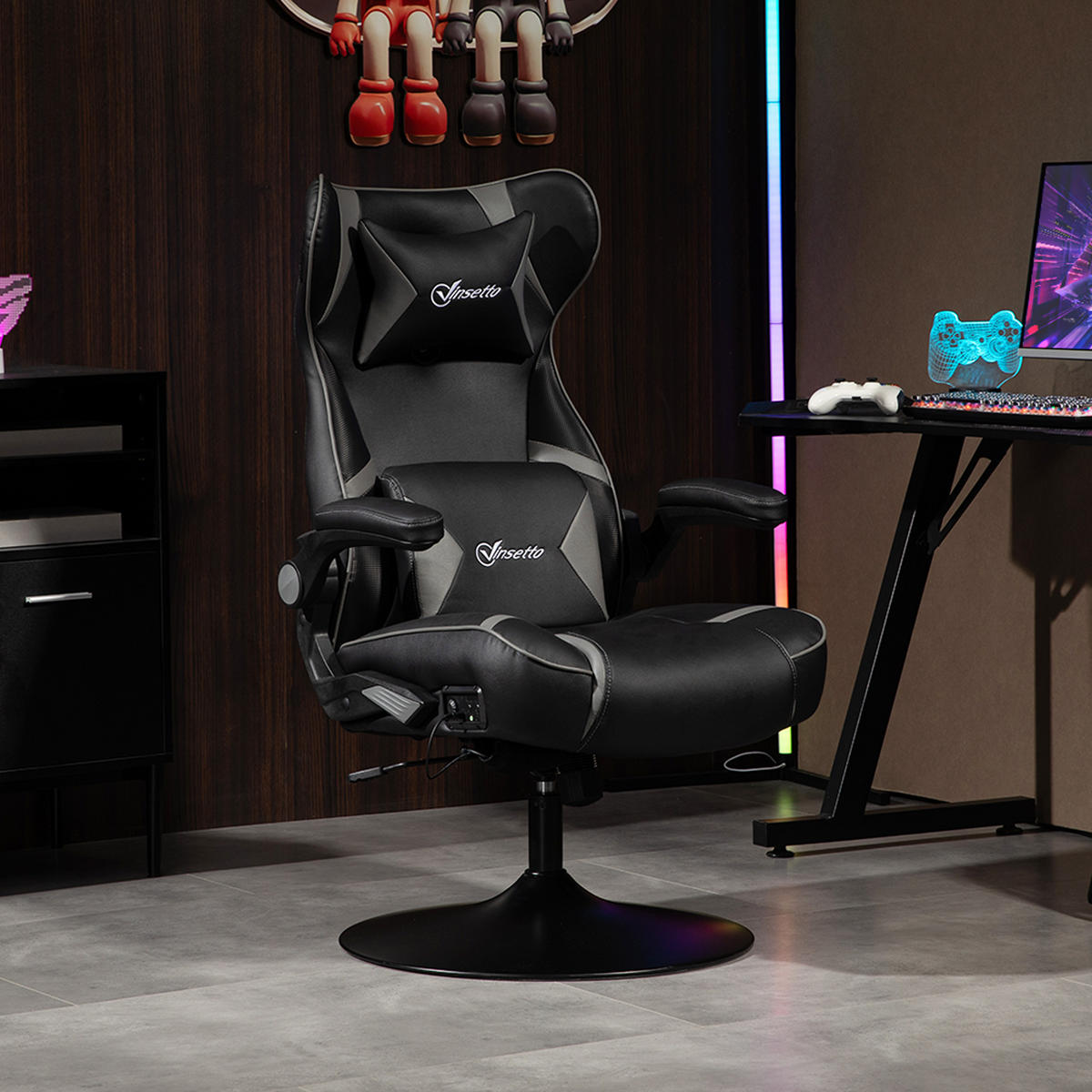 GAMING Stuhl mit Wippen- und Schkelfunktion, ergonomischer Computerstuhl - Grau, Leder (73/118/69cm) - Vinsetto