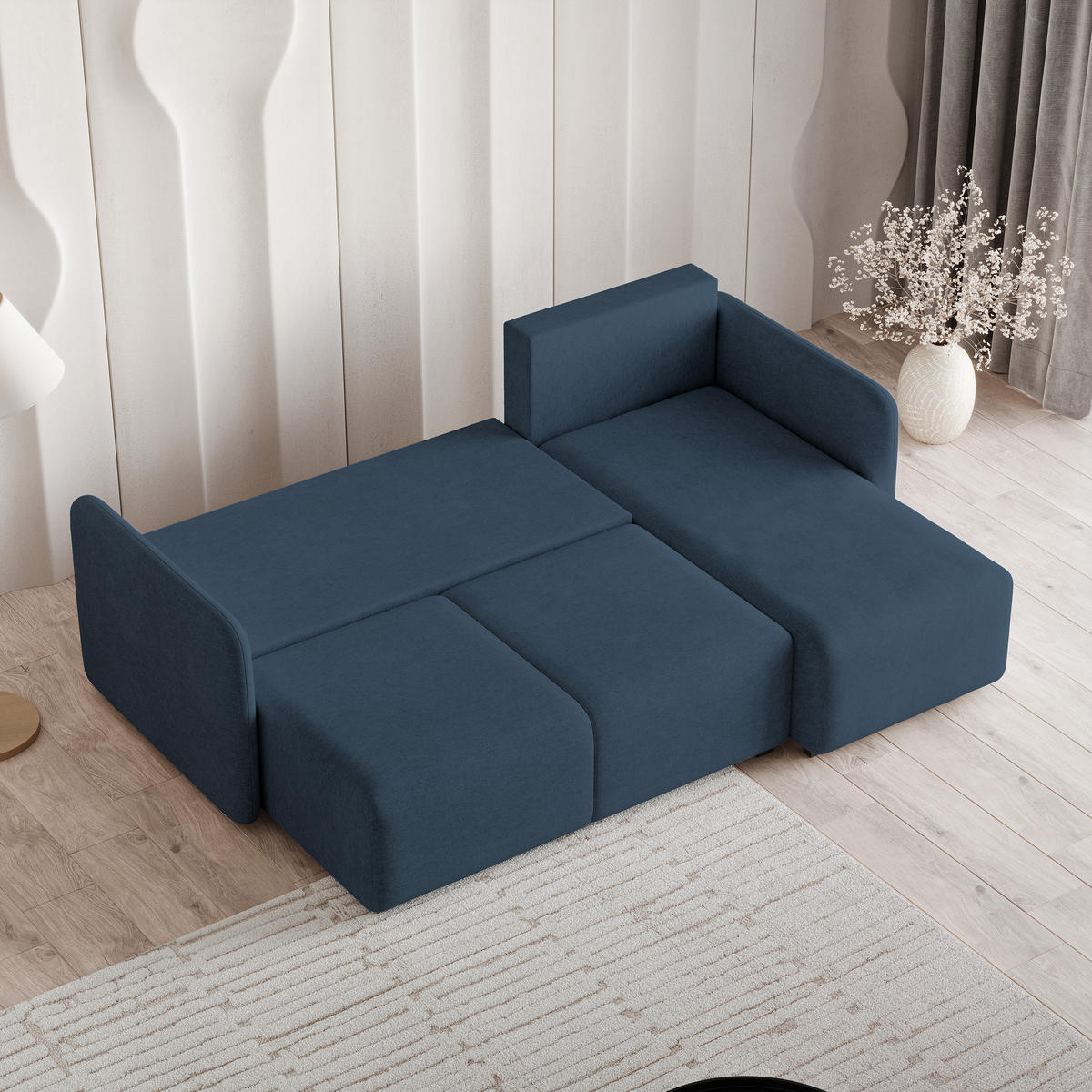 ECKSOFA SUVINO Blau Geflochtener Stoff mit Schlaffunktion - Blau, Holz (230/143cm) - MASSENO