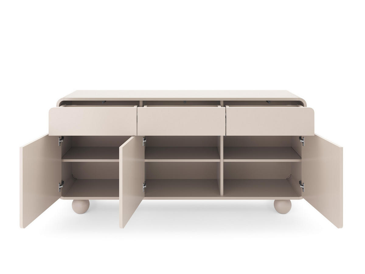 SIDEBOARD aus Kaschmir mit drei Schränken und drei Schubladen – Modernes Design, kugelförmige Beine, 160 x 75 x 39 cm - Beige, Holzwerkstoff (160/75/39cm) - 3XE LIVING