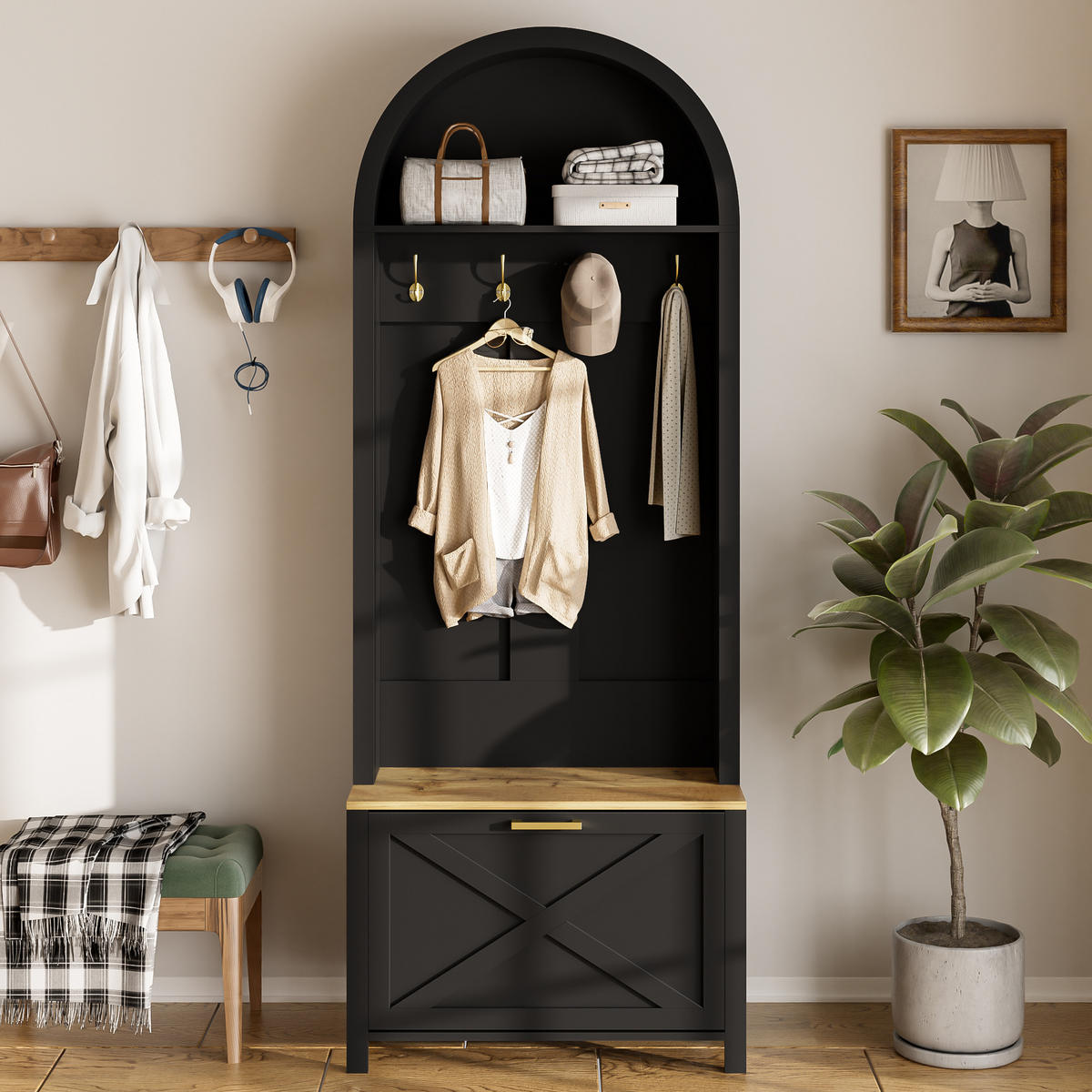 GARDEROBE Schuhregal Haken MDF - Schwarz, Holz (75/195/35cm) - LEBENLANG