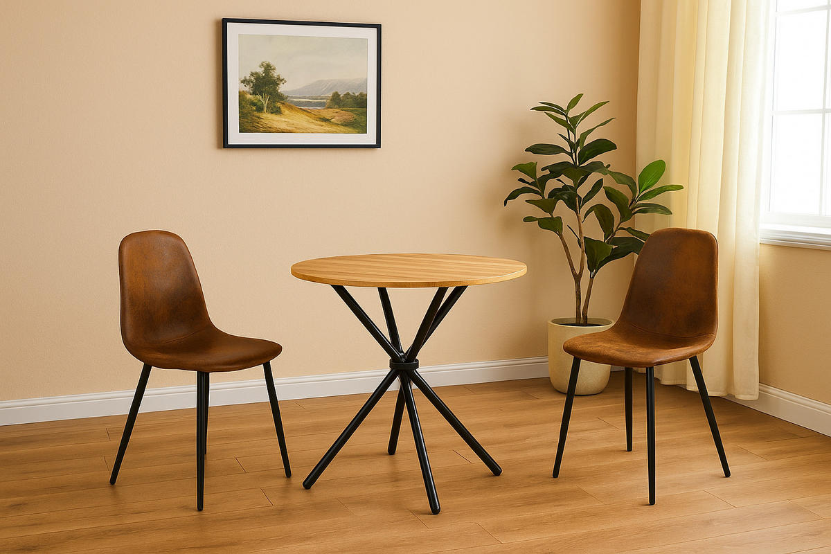 ESSZIMMER SET – 1 Tisch + 2 Stühle – Holzoptik & Wildleder - Braun, Holzwerkstoff/Metall (80/75/80cm) - Urban Meuble