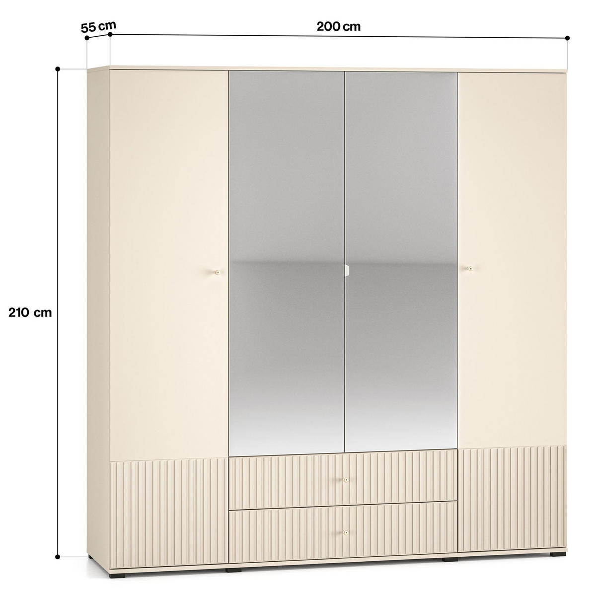 KLEIDERSCHRANK DROMA 4-Türig,Creme - Creme/Schwarz, Glas/Holzwerkstoff (200/210/55cm) - KONSIMO®