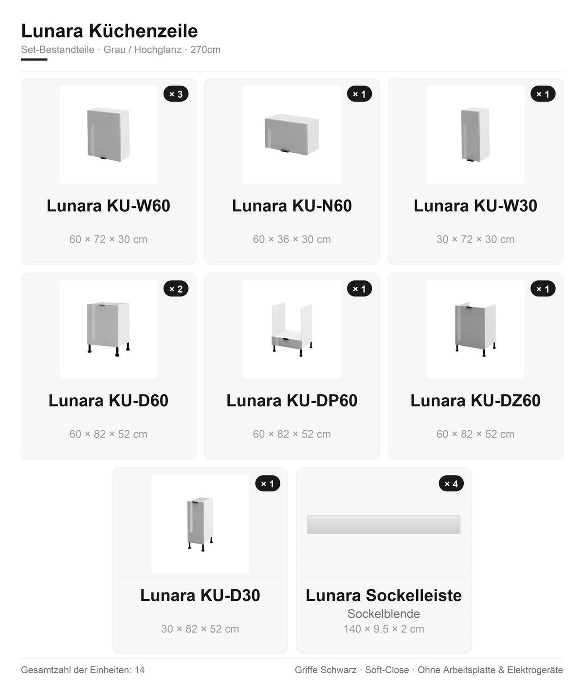 KÜCHENZEILE – 270 cm – KU-SA13 – Lunara – Grau Hochglanz – ohne E-Geräte - Schwarz/Grau, Holzwerkstoff/Metall (270/214/52cm) - hi-markt
