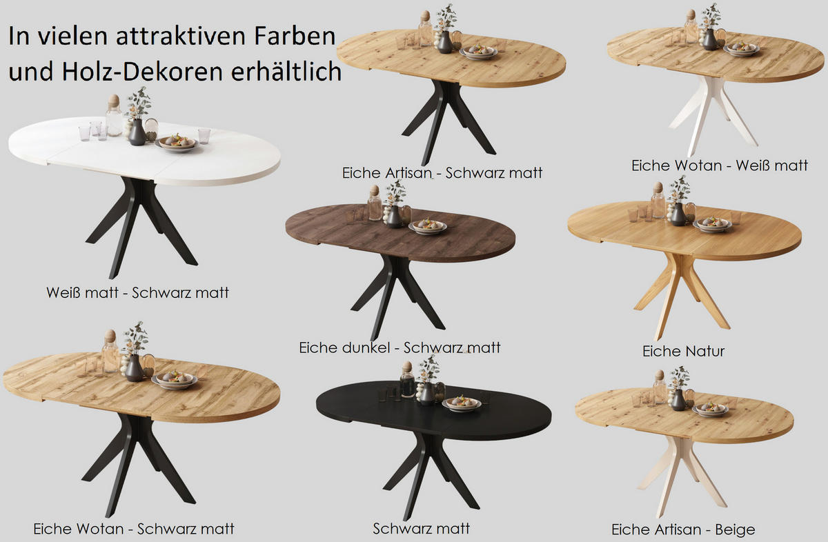 ESSTISCH rund Weiß matt - Schwarz matt ausziehbar - Schwarz/Weiß, Holzwerkstoff (110/110/77cm) - designimpex