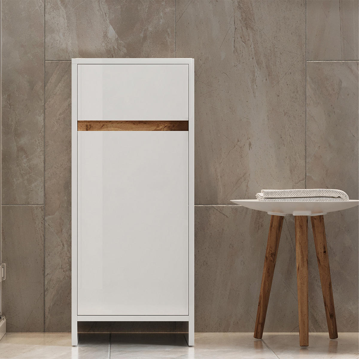 MIDISCHRANK Detmold Weiß Hochglanz/Eiche 35x82 cm mit Tür und Schublade - Honigeiche/Weiß Hochglanz, Holzwerkstoff (35/82/35cm) - Vicco