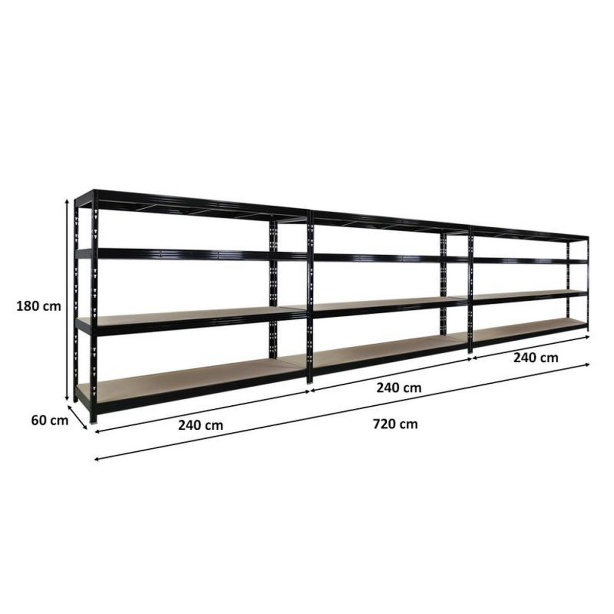 SCHWERLASTREGAL 3er-Set Rhino 180x240x60cm 4 Spanplatten-Ebenen 8mm Fachlast 450kg Schwarz - Schwarz, Metall (720/180/60cm) - PROREGAL