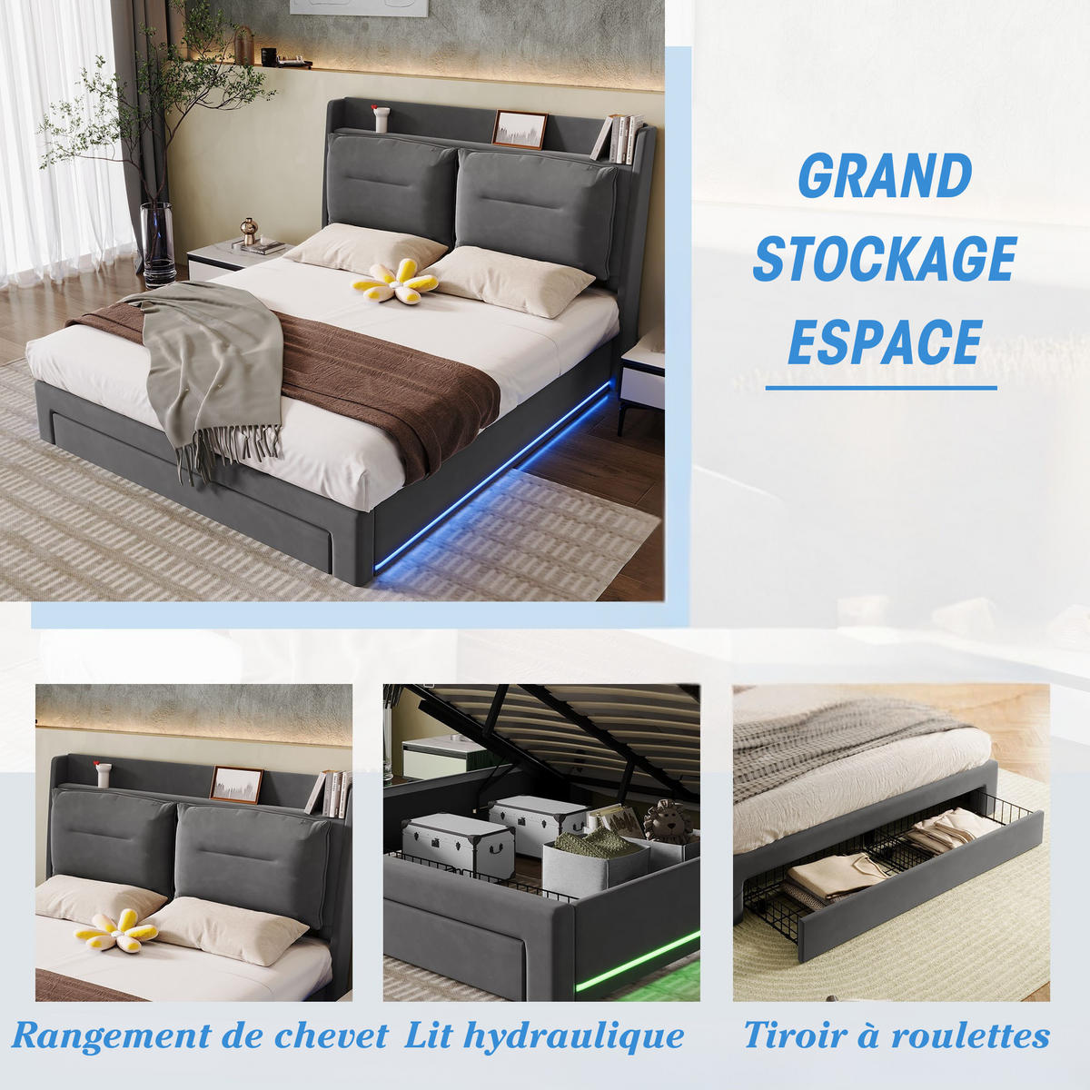 POLSTERBETT 140x190cm Grau Samt Mit LED & 2 Schubladen - Dunkelgrau, Textil (140/190cm) - FLIEKS