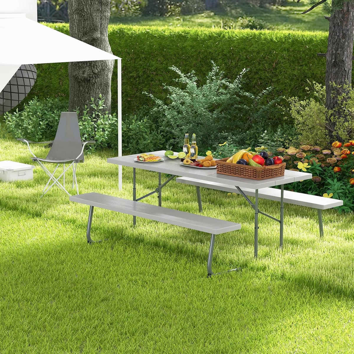 BIERTISCHGARNITUR Grau(3-teilig) - Grau, Holzwerkstoff (163/183/74cm) - COSTWAY