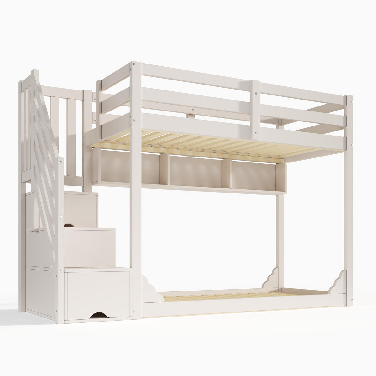 ETAGENBETT 90/200 cm aus Holz mit Treppenschrank, Stauraum und Sicherheitsgeländer, Weiß - Weiß, Holzwerkstoff (90/200cm) - Redom