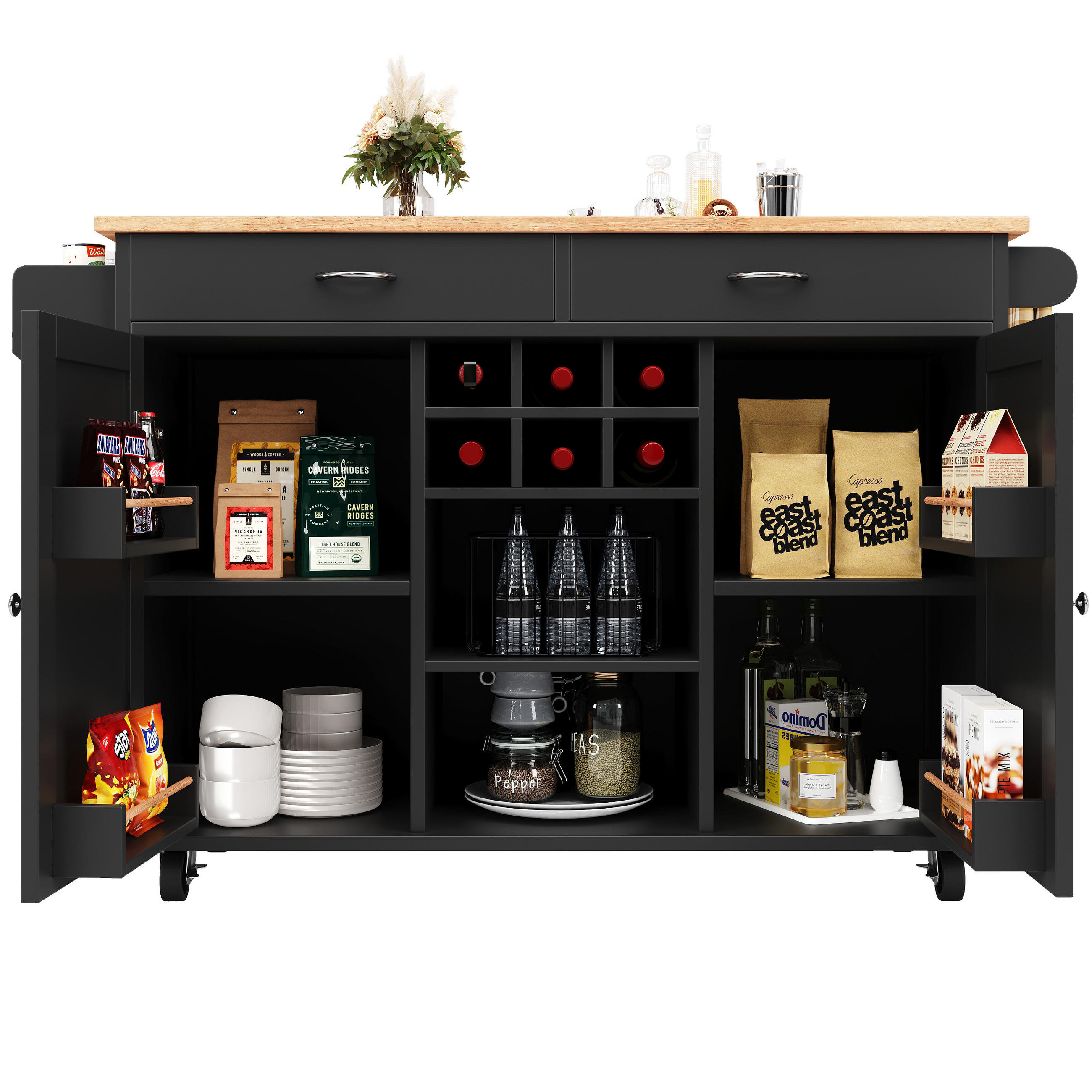 KÜCHENINSEL 102/45/92 cm schwarz und Metall mit Rollen und Weinregal - Schwarz, Holzwerkstoff (102/92/45cm) - OKWISH