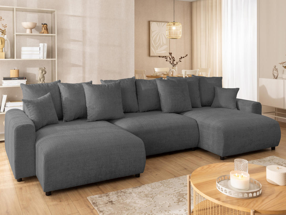 WOHNLANDSCHAFT Calma mit Schlaffunktion und Bettkasten im Bumpy-Design aus weichem Grau Chenille-Stoff - Schwarz/Grau, Holz/Kunststoff (336/88/140cm) - S-Style Möbel