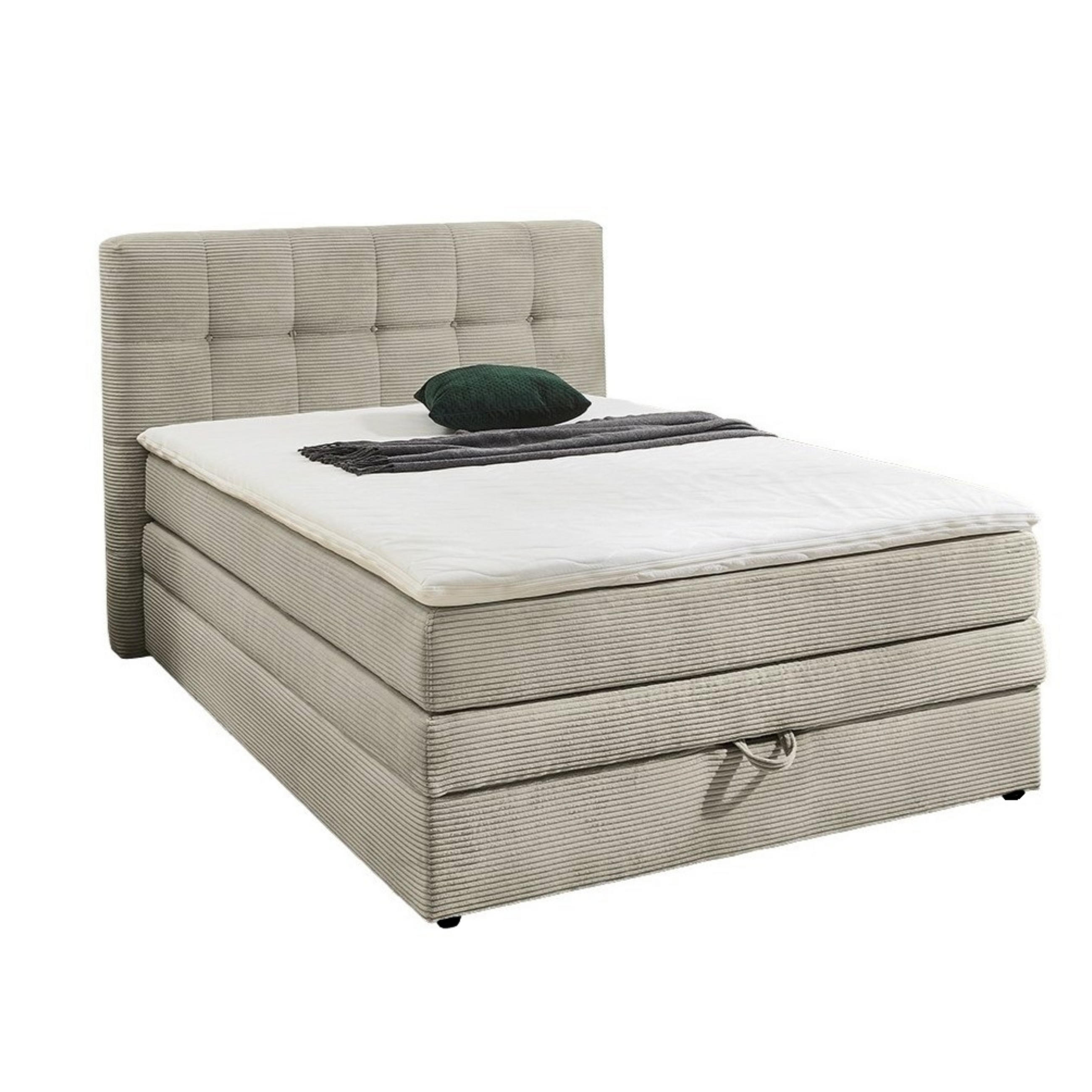 BOXSPRINGBETT 140x200 cm, 7-Zonen-Tonnentaschen-Federkernmatratze H3, Topper, Bonell-Federkern, großer Bettkasten, Cord Beige Grau / 20036 - Greige/Beige, Kunststoff/Textil (140/200cm) - luma-home