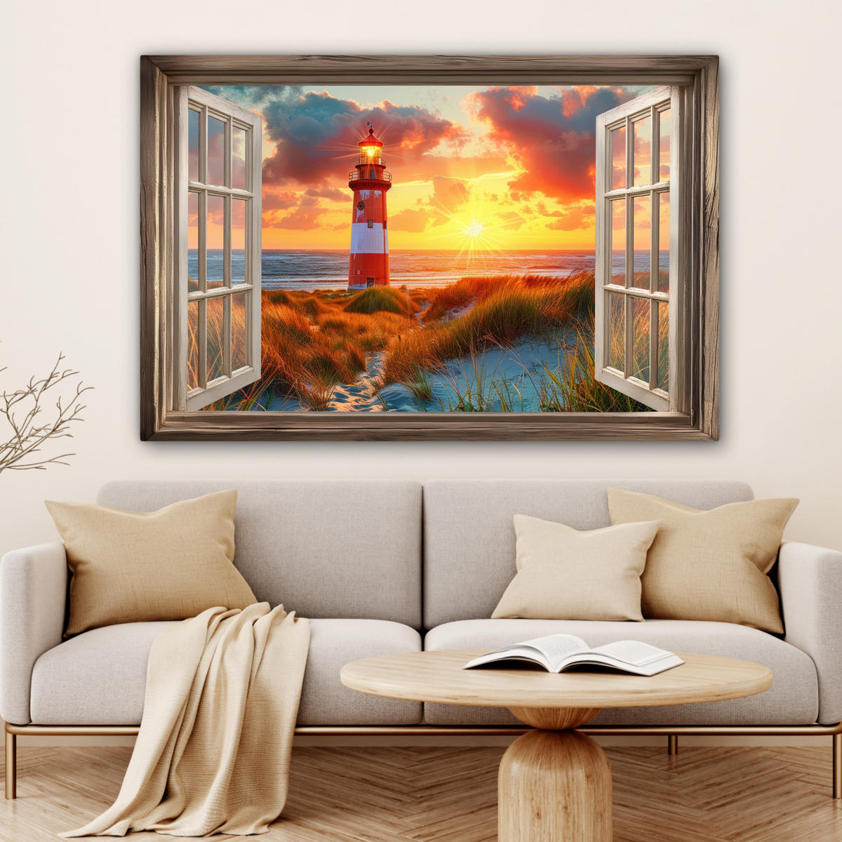 LEINWANDBILD Aussicht - Fenster - Leuchtturm - Sonnenuntergang - Strand Wohnzimmer 120x80 cm - Dunkelorange, Textil (120/80cm) - MuchoWow