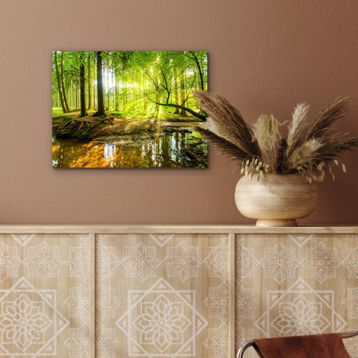 METALLBILD Wald - Landschaft - Wasser - Bäume - Sonne - Grün - Natur 40x30 cm - Grün, Metall (40/30cm) - MuchoWow