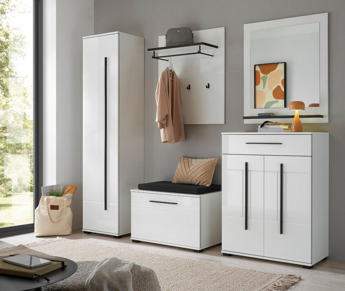 SCHUHSCHRANK weiß Hochglanz 50 x 200 cm, Stauraumschrank mit 6 Fächern - Weiß Hochglanz/Schwarz, Holzwerkstoff/Kunststoff (50/200/39cm) - Furn.Design