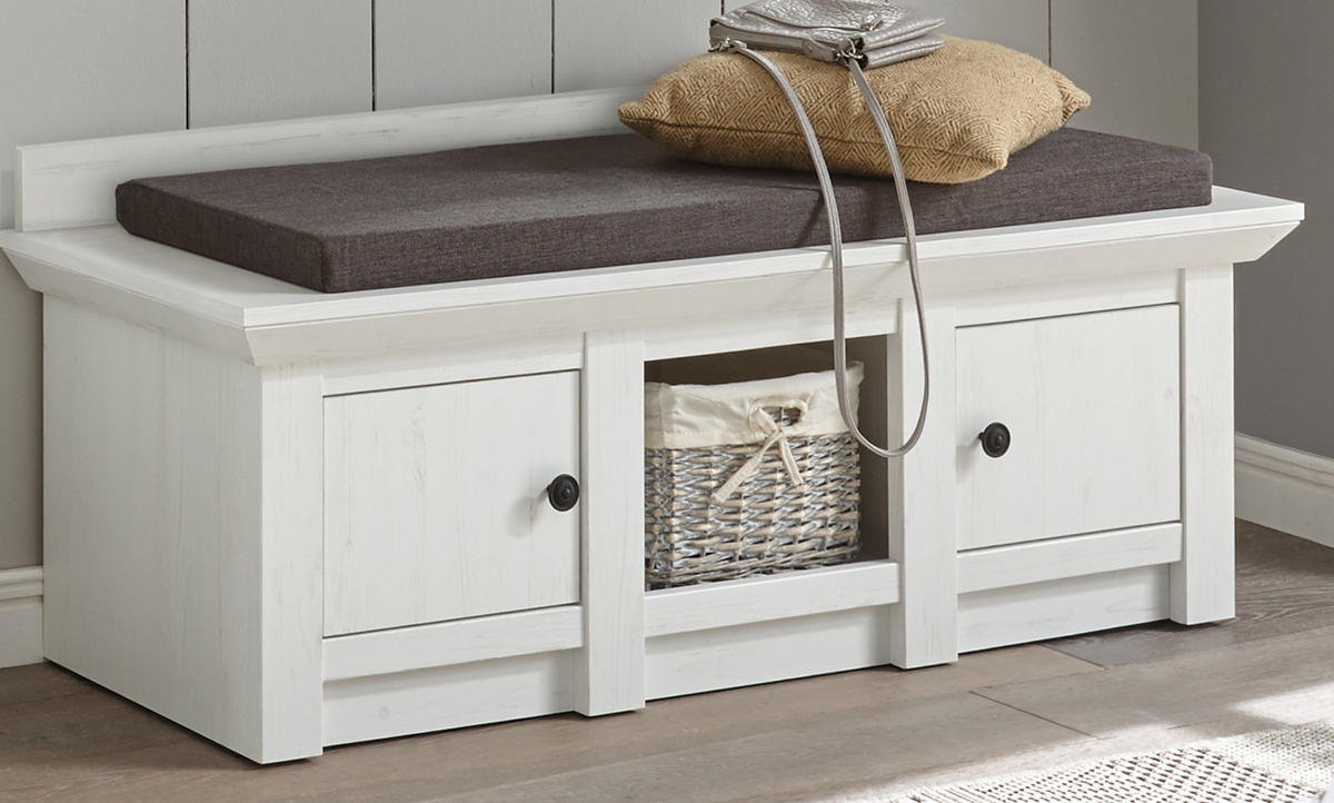 GARDEROBENBANK Pinie weiß 124 cm, Schuhbank mit Stauraum - Schwarz/Weiß, Holzwerkstoff/Metall (124/42/45cm) - Furn.Design