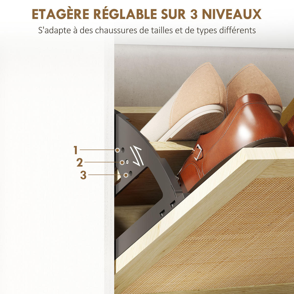 SCHUHSCHRANK DE-15057 3 Klapptüren mit geflochtener Resin-Optik Natur - Weiß, Holzwerkstoff (65/153/24.5cm) - ComfortXL