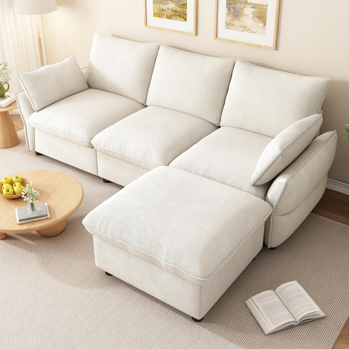 ECKSOFA 222.5/154.5/76.5 cm Beige Chenille mit 1 Fußhocker - Beige, Textil (222.5/154.5cm) - Oxeza