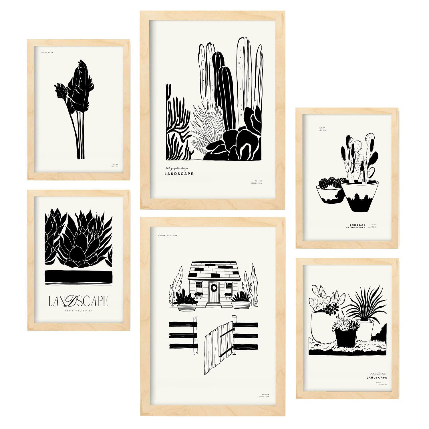 POSTER Set Mit 6 In Schwarzer Tinte Hinterhof Künstlerische Und Abstrakte Drucke Für Innenarchitektur A3 & A4 Rahmen Aus Hellem Holz - Beige, Papier (29/3cm) - Nacnic