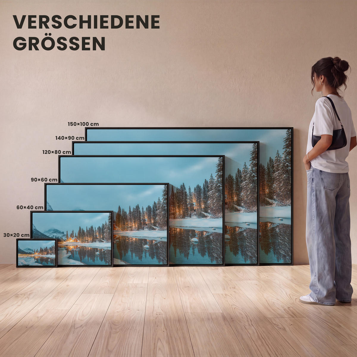LEINWAND Bilder mit Rahmen - Winterlandschaft - Natur - Haus - Berge - Schnee - 150x100 - Hellblau, Textil (150/100cm) - MuchoWow