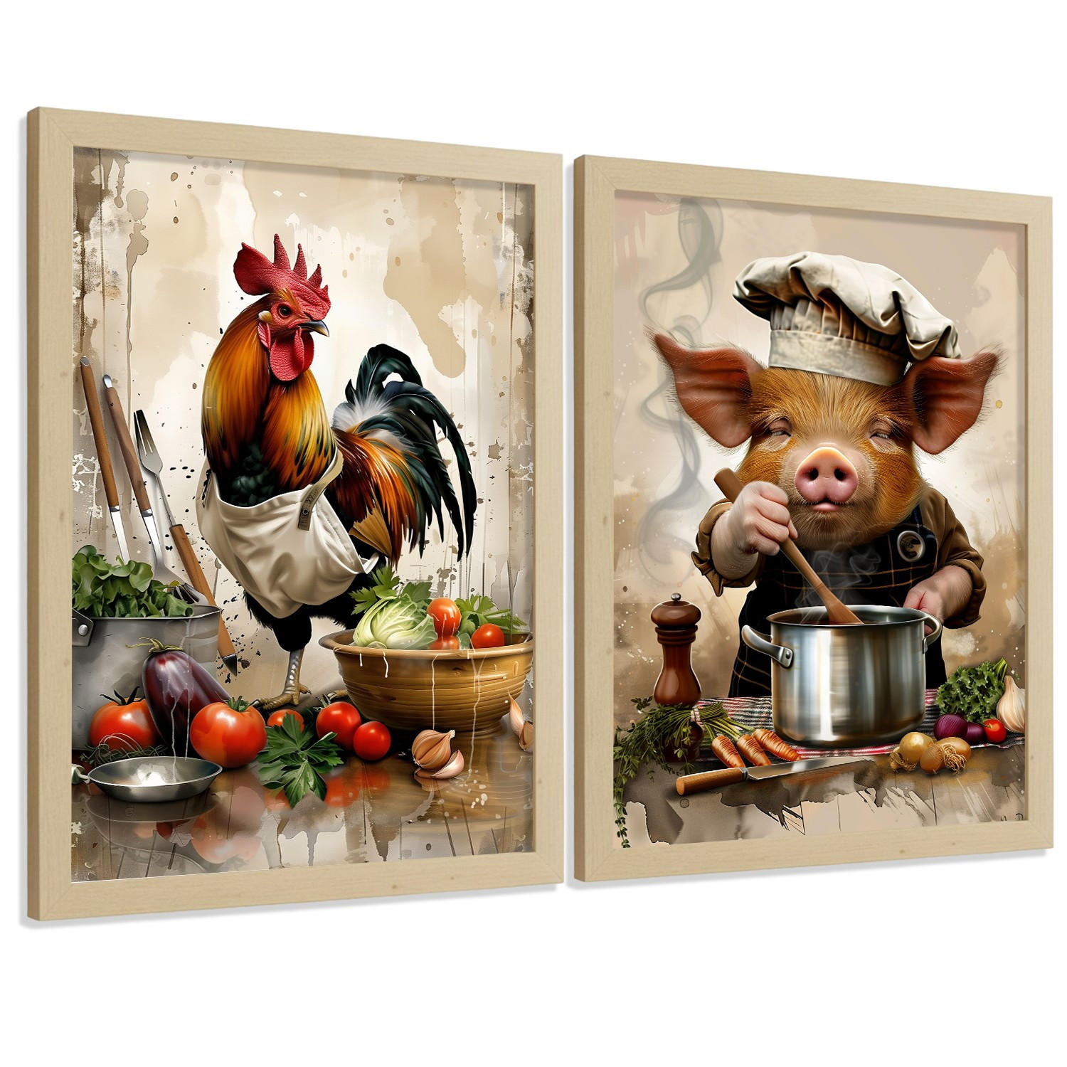 Nacnic PLAKAT Sada 2 Animal Chef A4 Lehký dřevěný rám