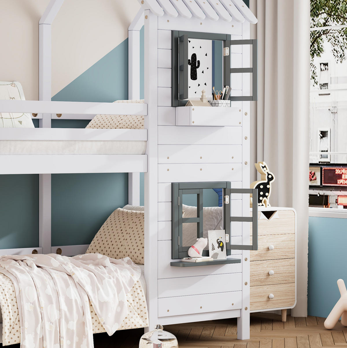 ETAGENBETT aus Kiefer und MDF 90x200 cm Weiß/Grau mit Fenster, Handlauf, Fallschutz und Hausdesign - Weiß, Holzwerkstoff (90/200cm) - Modfu