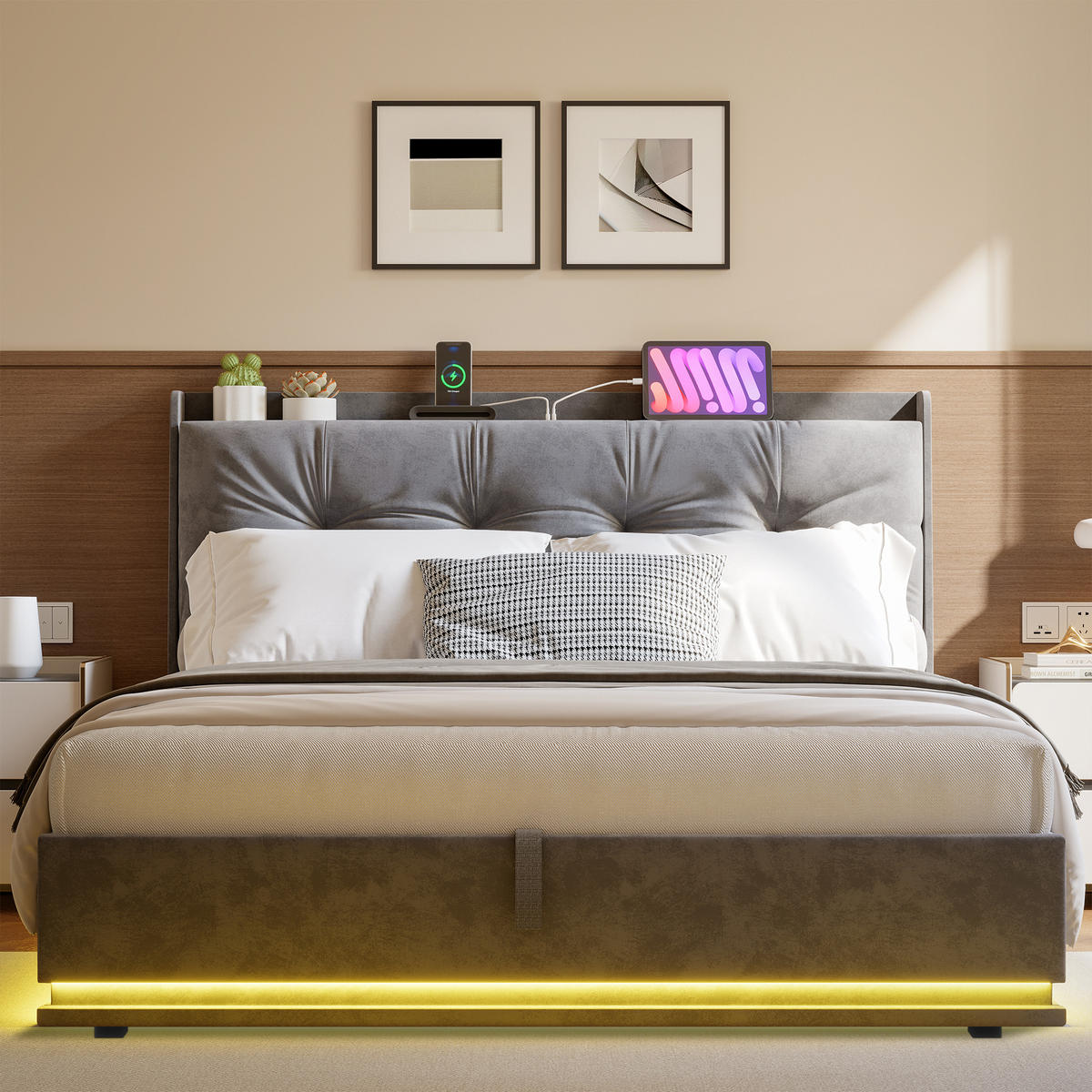 ČALÚNENÁ posteľ 160x200 cm, zamatovosivá, s boxom na posteľ, LED a USB-C - sivá, drevo (160/200cm) - SHOPENTRA