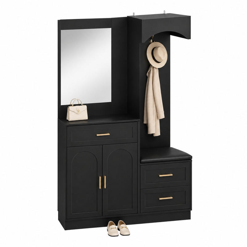 KOMPAKTGARDEROBE mit Spiegel und Schuhbank 110 x 33 x 185,5 cm Schwarz - Schwarz, Holzwerkstoff (33/185.5/110cm) - Beauniv