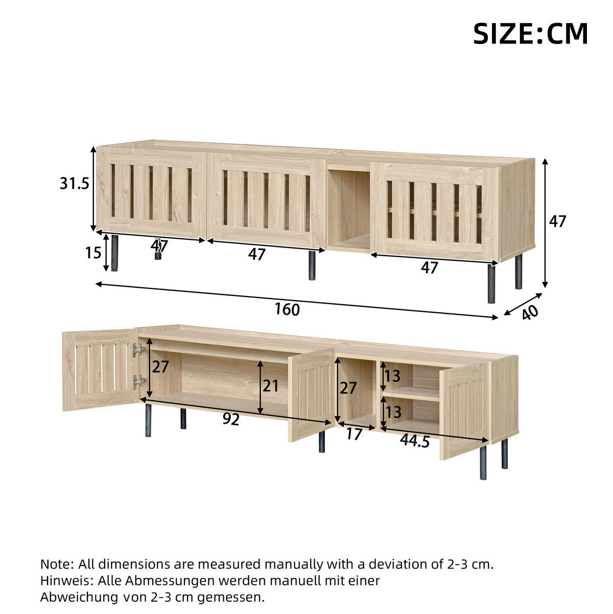TV stolek 160/40/47 cm s průchozími lamelovými dvířky a kabelovým průchodem, přírodní - světle hnědá, kompozitní dřevo (160/47/40cm) - Redom