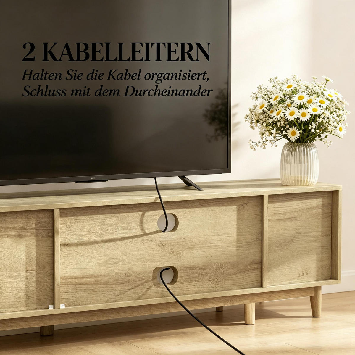TV-SCHRANK 135/39/45 cm Eiche mit 2 Rattan-Türen und offenen Fächern - Eichefarben, Holz/Holzwerkstoff (135/45/39cm) - Oxeza