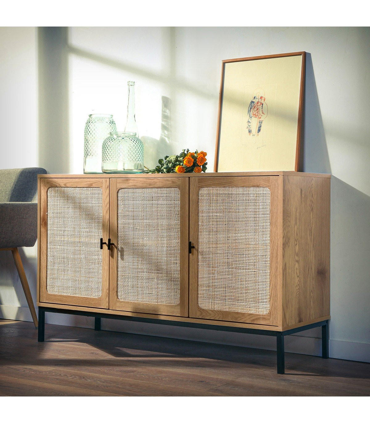 SIDEBOARD mit 3 Türen aus Rattan - L120 cm - Apfelbaumfarben, Holzwerkstoff (40/72/120cm) - Calicosy