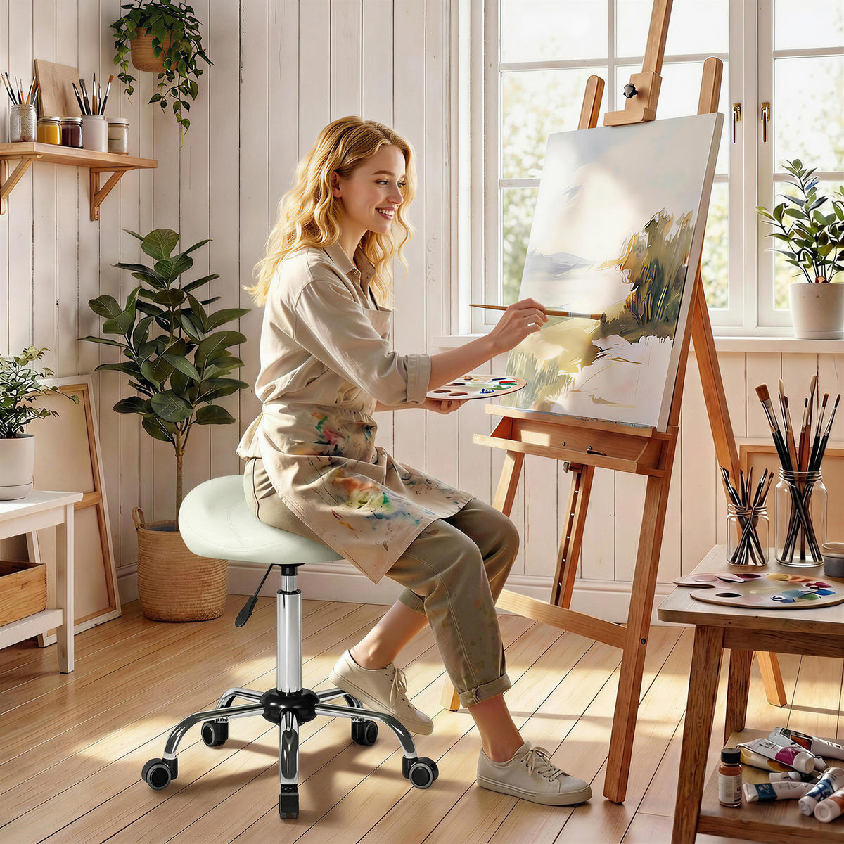 ROLLHOCKER Höhenverstellbar Creme 48.0/48.0/71.0 cm - Creme, Kunststoff (48/71/48cm)