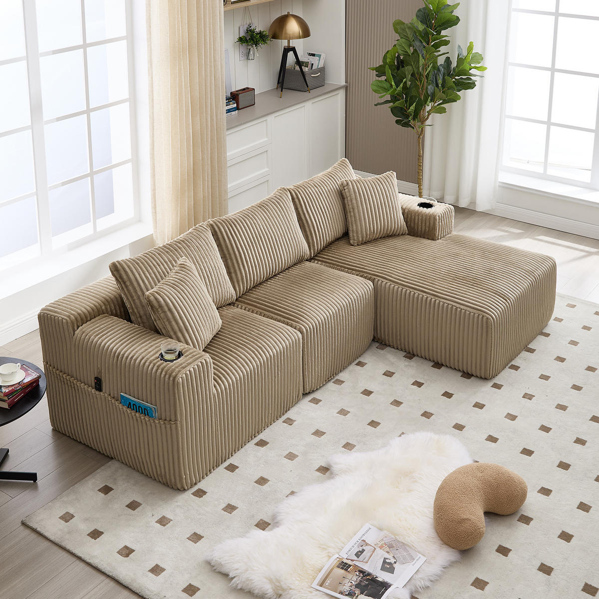 ECKSOFA Inklusive 5 Kissen,seitlicher Stauraum und Getränkehalter, Khaki - Cappuccino, Textil (160/257cm) - KOMHTOM
